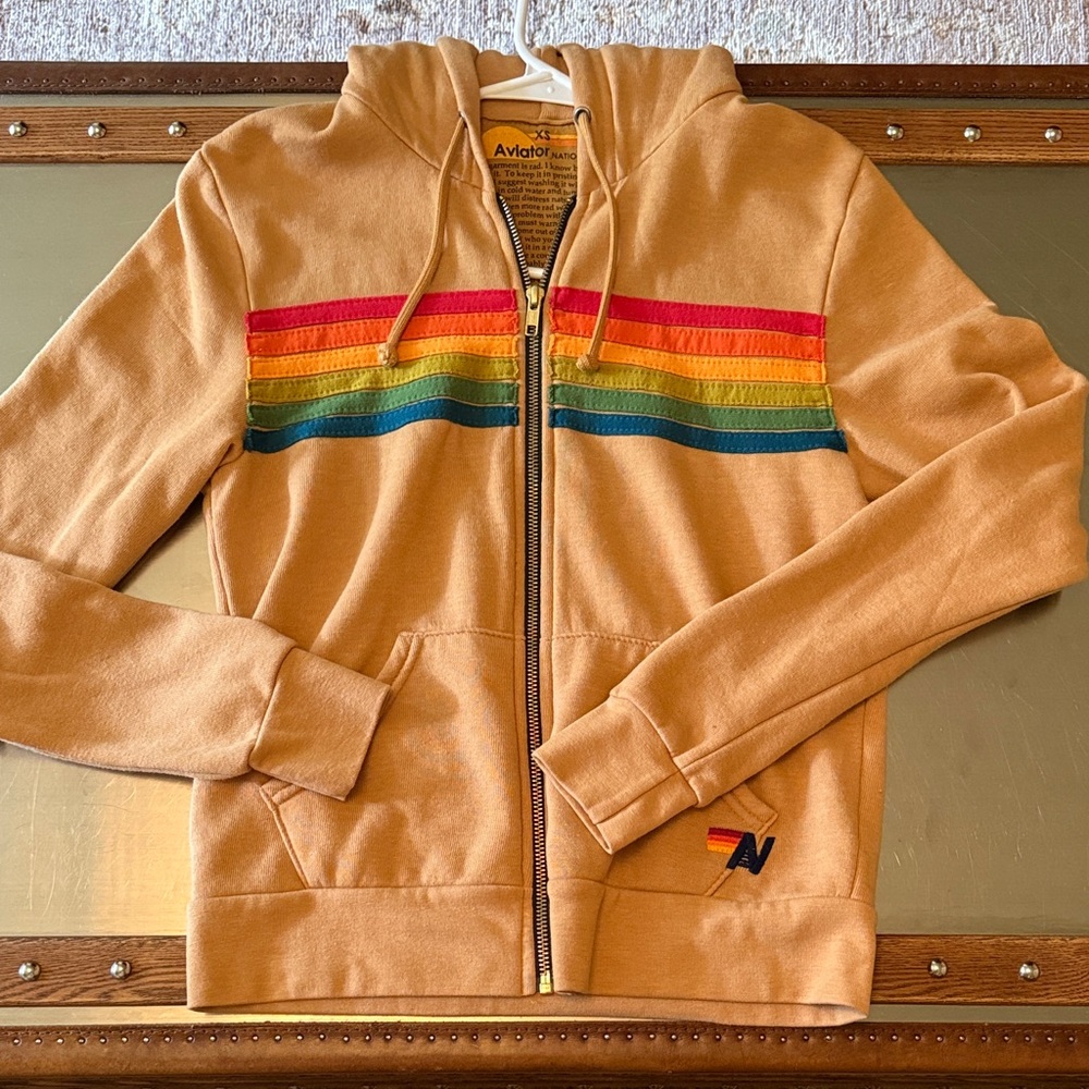 Aviator Nation 5 Stripe Camel Hoodie with Colorful Stripes